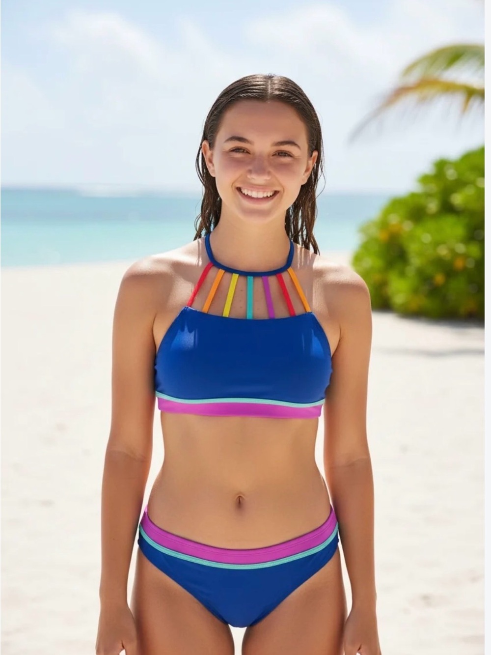 Hobie Blue High-Neck Bikini with Rainbow Strap Accents size 14 2 piece